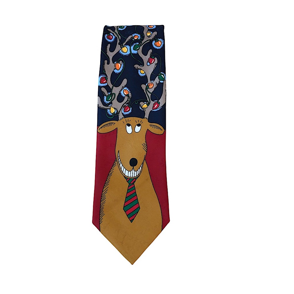 Hallmark Yule Tie Greeting Made USA Red Black Reindeer Christmas Necktie